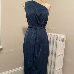 One Shoulder Navy Cocktail Dress with removable tie at waist